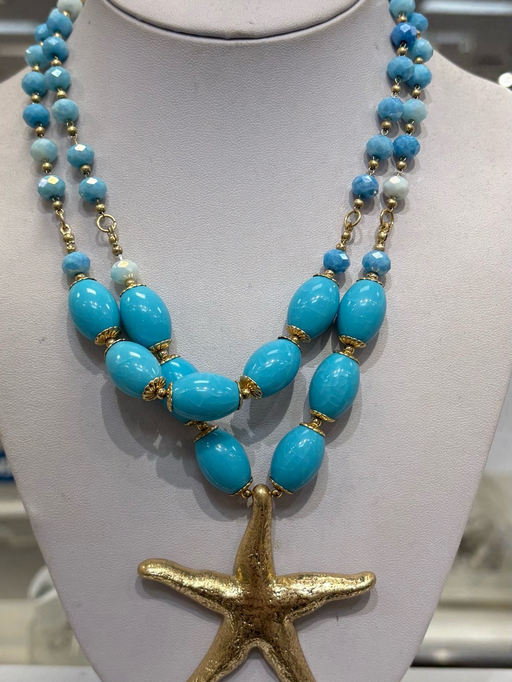 Turquoise Bead Double-Strand Necklace with Gold Starfish Pendant
